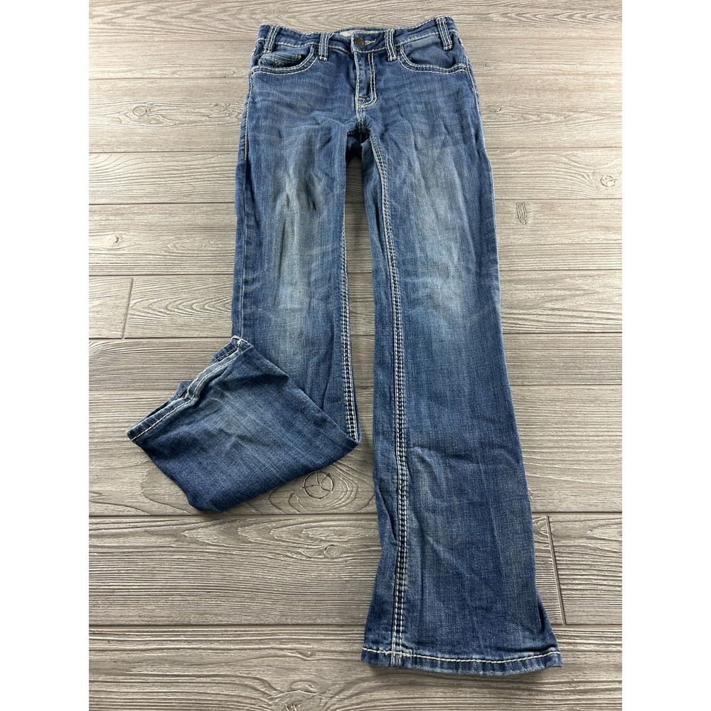 Rock And Roll Cowgirl Mid Rise Bootcut Jeans Horseshoe/Longhorn Pockets 24X32
